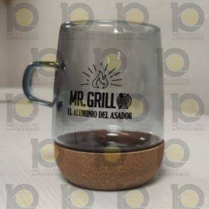 Taza de vidrio con base de corcho desmontable con serigrafía